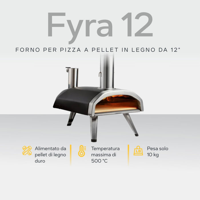 Ooni Fyra 12 12" Wood Pellet Pizza Oven against white background with key features information | Clicca su questa immagine per aprire la modalità galleria immagini del prodotto. La modalità galleria immagini del prodotto consente di ingrandire le immagini.