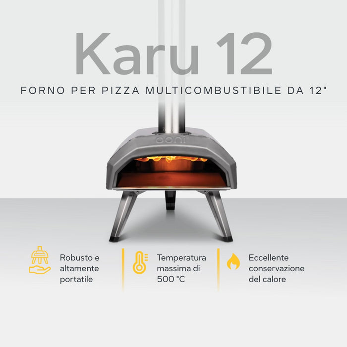 Ooni Karu 12 12" Multi-fuel Pizza Oven against white background with key features information | Clicca su questa immagine per aprire la modalità galleria immagini del prodotto. La modalità galleria immagini del prodotto consente di ingrandire le immagini.