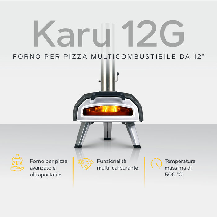 Ooni Karu 12G 12" Multi-fuel Pizza Oven against white background with key features information | Clicca su questa immagine per aprire la modalità galleria immagini del prodotto. La modalità galleria immagini del prodotto consente di ingrandire le immagini.