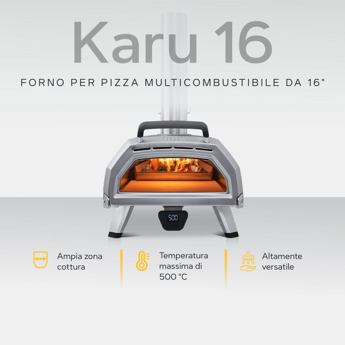 Ooni Karu 16 16" Multi-fuel Pizza Oven against white background with key features information | Clicca su questa immagine per aprire la modalità galleria immagini del prodotto. La modalità galleria immagini del prodotto consente di ingrandire le immagini.