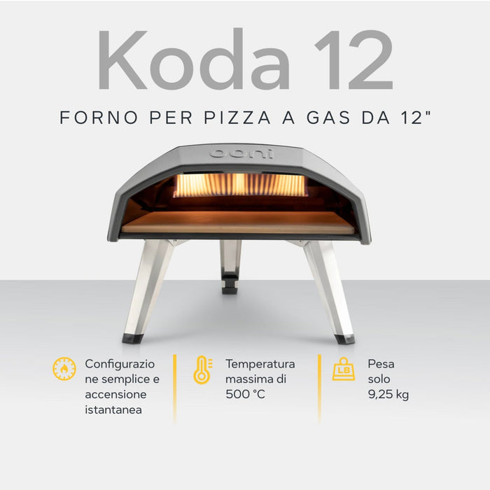 Ooni Koda 12 12" Gas Powered Pizza Oven against white background with key features information | Clicca su questa immagine per aprire la modalità galleria immagini del prodotto. La modalità galleria immagini del prodotto consente di ingrandire le immagini.