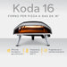 Ooni Koda 16 16" Gas Powered Pizza Oven against white background with key features information