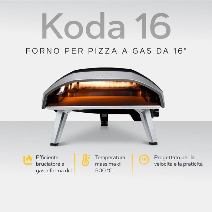 Ooni Koda 16 16" Gas Powered Pizza Oven against white background with key features information | Clicca su questa immagine per aprire la modalità galleria immagini del prodotto. La modalità galleria immagini del prodotto consente di ingrandire le immagini.