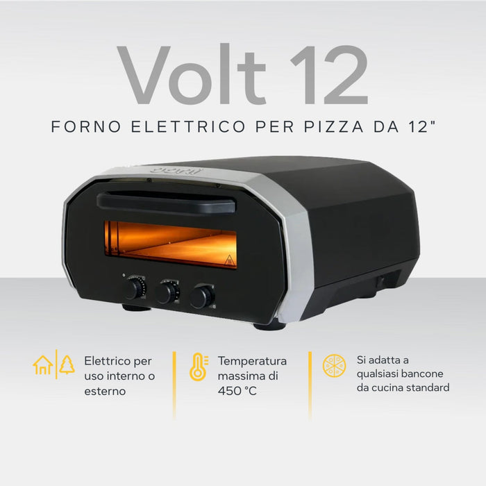 Ooni Volt 12 12" Electric Pizza Oven against white background with key features information | Clicca su questa immagine per aprire la modalità galleria immagini del prodotto. La modalità galleria immagini del prodotto consente di ingrandire le immagini.